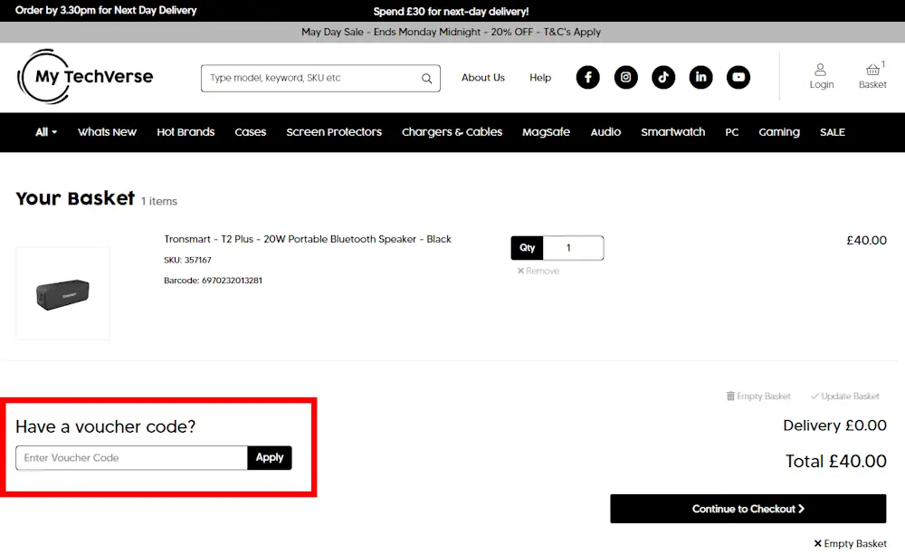 Instructions on where to enter the My Tech Verse discount code on the website to receive a discount for making a purchase on https://mytechverse.co.uk/