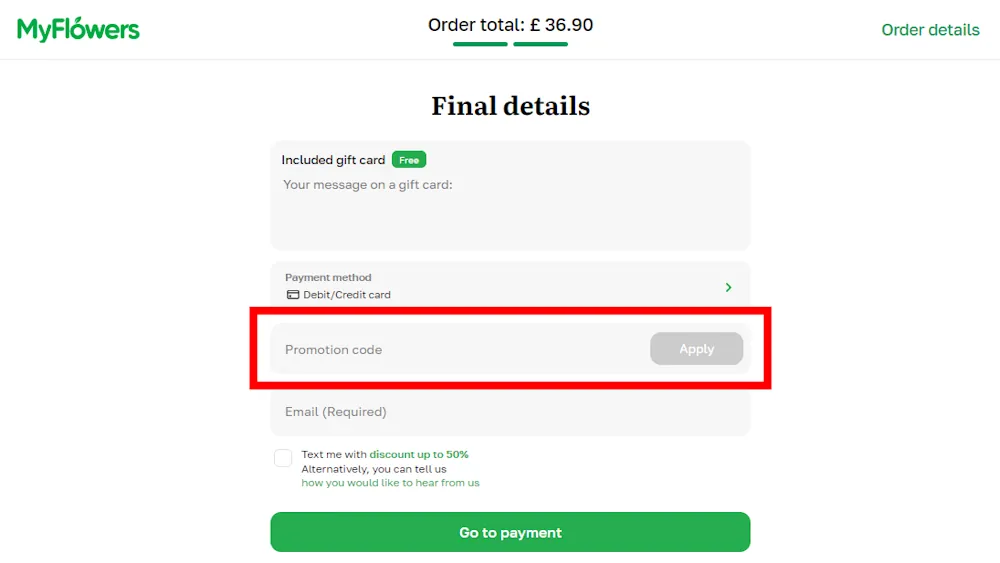 Instructions on where to enter our MyFlowers voucher code at checkout.
