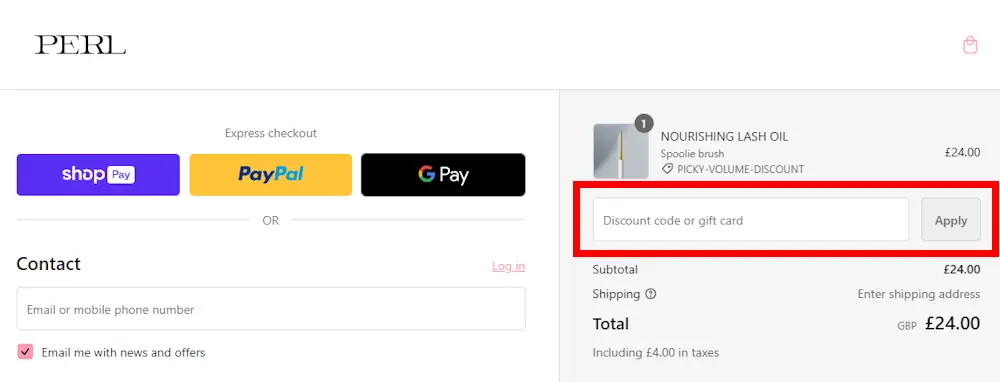 Screenshot showing where to apply a PERL discount code during checkout on perlcosmetics.com.