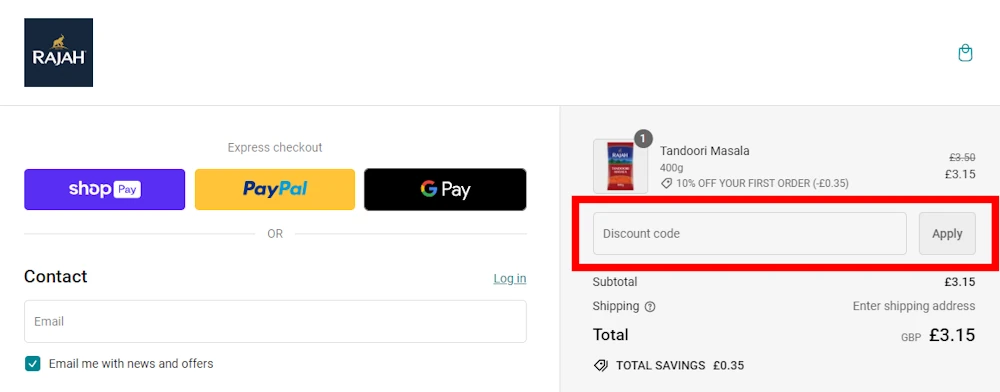 Screenshot showing where to apply a Rajah Spices promo code during checkout on rajahspices.co.uk.