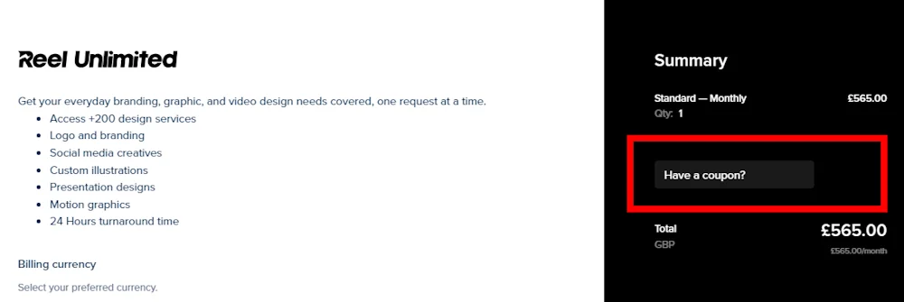 Instructions on how to use a Reel Unlimited discount code at checkout on https://www.reelunlimited.com/uk/