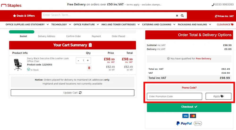 Image on where to enter a Staples voucher code on www.staples.co.uk