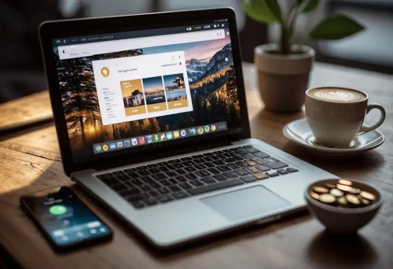 A smartphone with a money-saving app open, a coffee cup with a rewards card, a digital payment method, a laptop with budgeting software