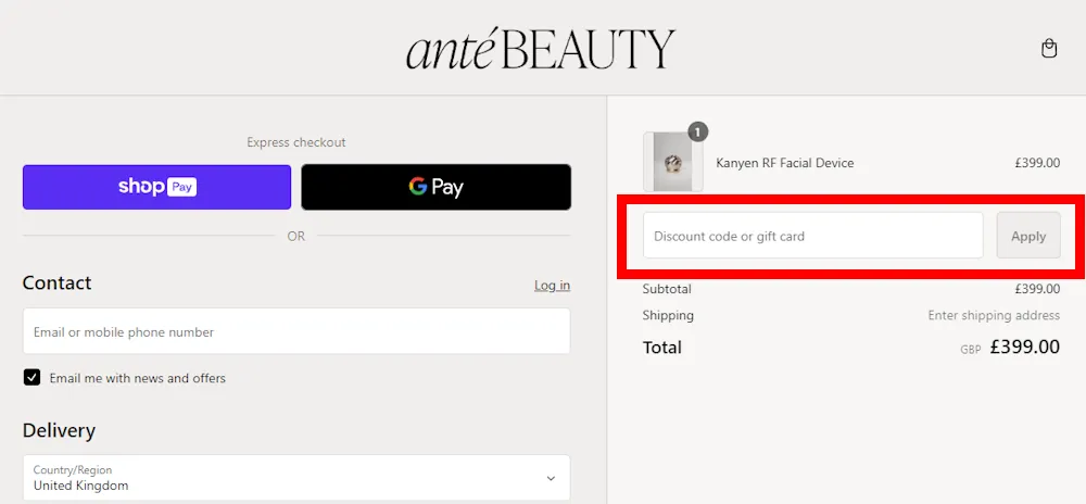 Screenshot showing where to apply a Ante Beauty discount code during checkout on antebeauty.com.