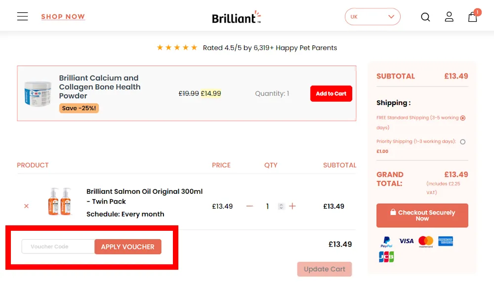 Screenshot showing where to apply a Brilliant Petcare discount code during checkout on brilliantpetcare.com.