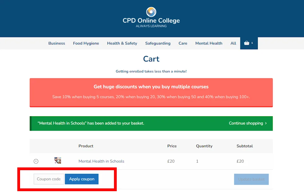 Instructions on how to enter our CPD Online College voucher code at checkout.