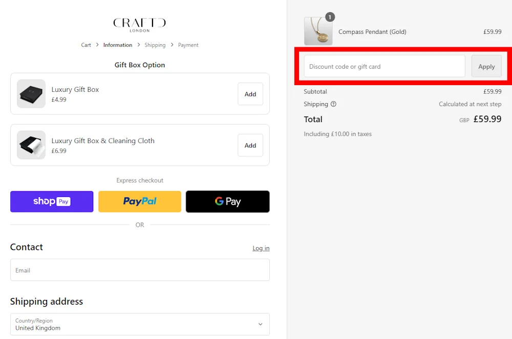 Instructions how to enter a verified discount code for CRAFTD London on uk.craftdlondon.com