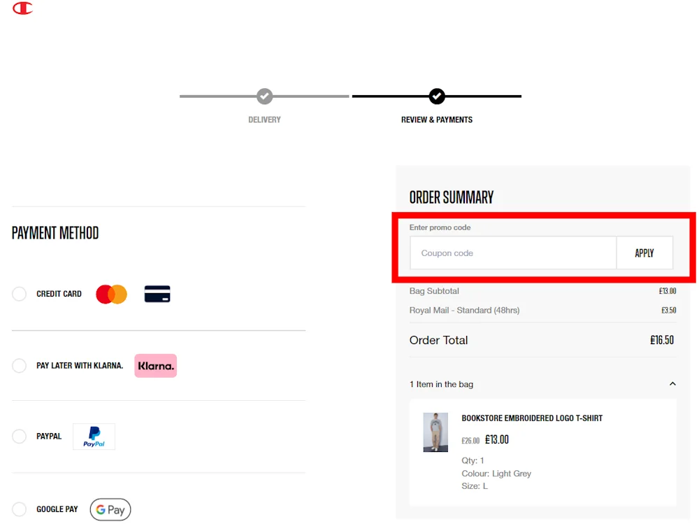 Screenshot showing where to apply a Champion promo code during checkout on www.championstore.com.