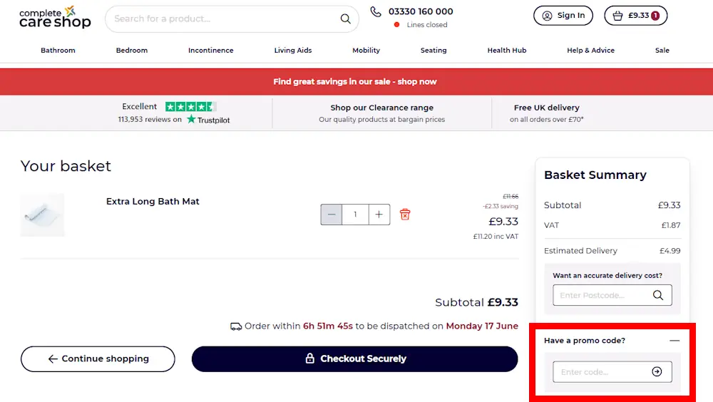 Screenshot of where to put a Complete Care Shop voucher code on www.completecareshop.co.uk