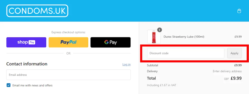 Screenshot showing where to apply a Condoms.uk promo code during checkout on www.condoms.uk.