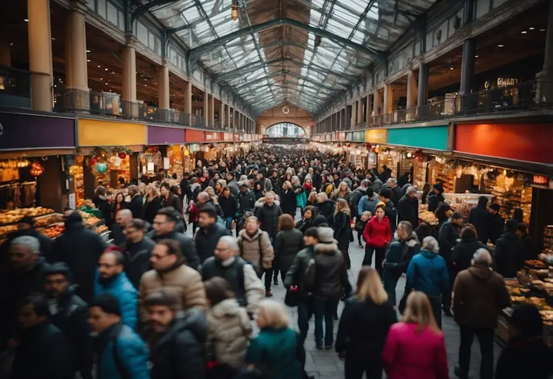 A bustling marketplace with colourful displays of products, crowded with eager shoppers seeking the best Black Friday deals and offers