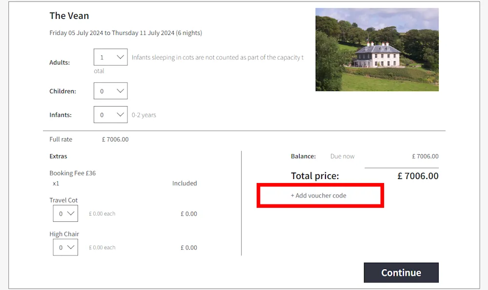 Screenshot showing where to apply a Cornwall Hideaways promo code during checkout on www.cornwallhideaways.co.uk.