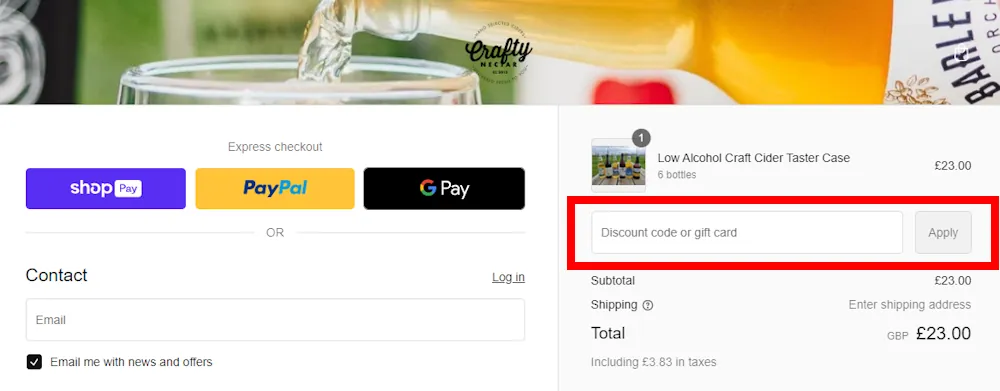Screenshot showing where to apply a Crafty Nectar promo code during checkout on craftynectar.com.