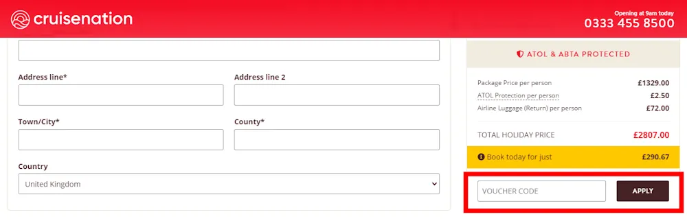 How to enter a Cruise Nation discount code at checkout on https://www.cruisenation.com/