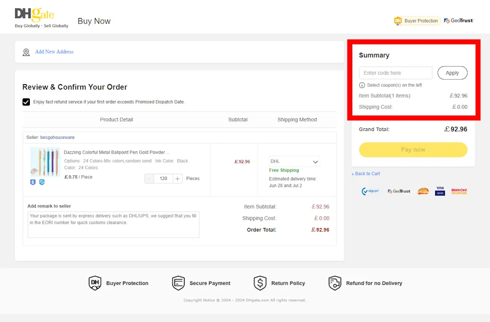How to enter a DHgate discount code at checkout on https://www.dhgate.com/