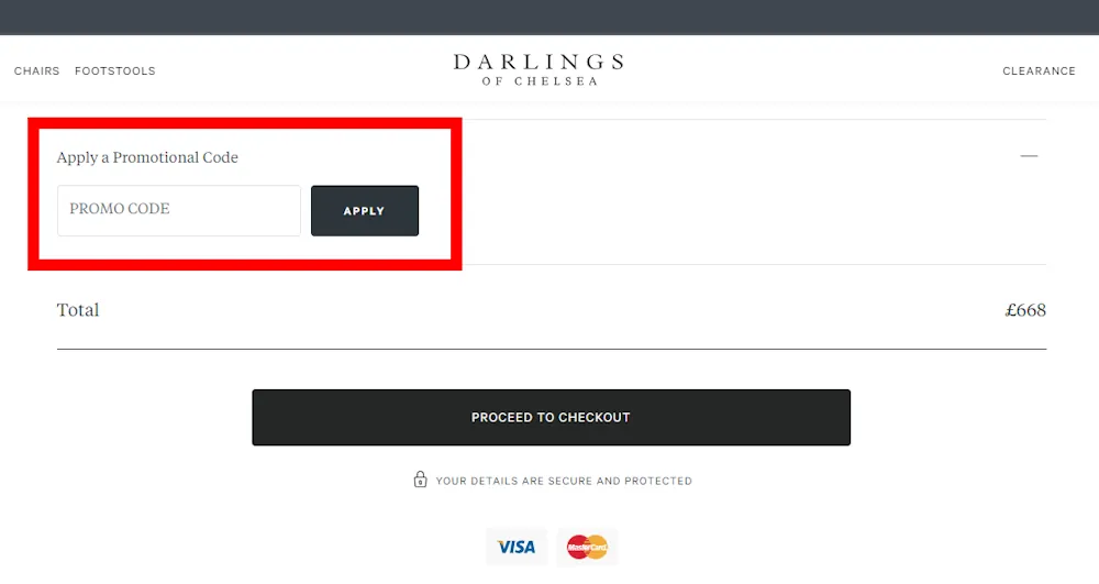 Screenshot showing where to apply a Darlings of Chelsea promo code during checkout on www.darlingsofchelsea.co.uk.
