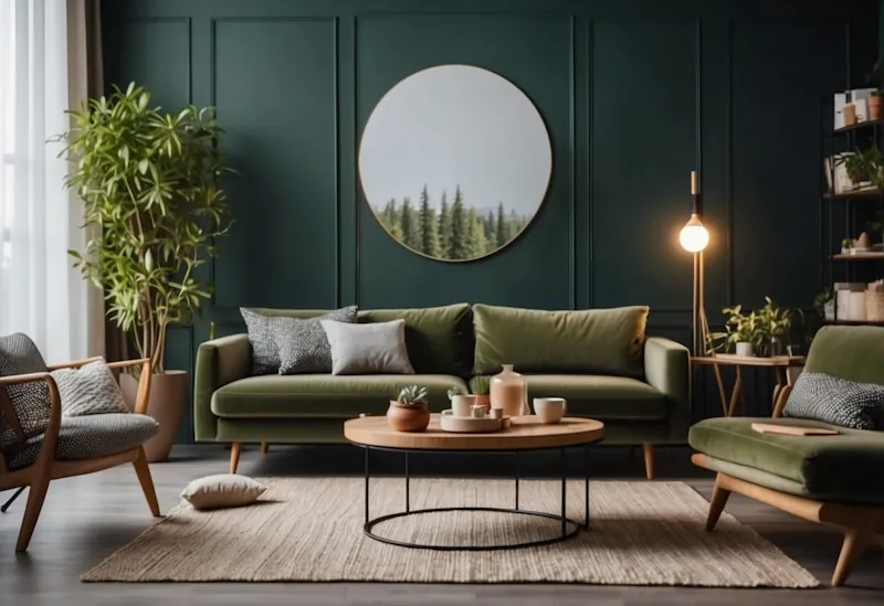 A living room with stylish decor and home accessories. A discount code displayed on a banner. Lush green plants and comfortable furniture