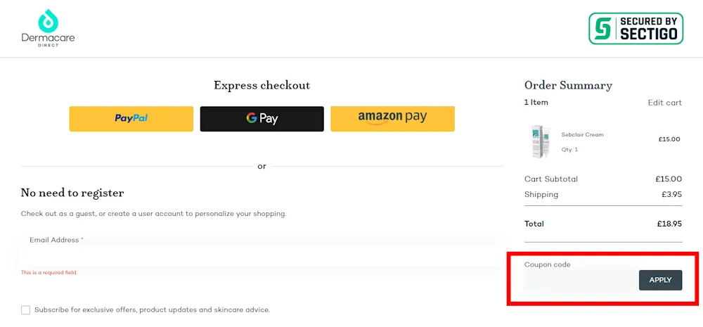 Screenshot showing where to apply a Dermacare Direct discount code during checkout on www.dermacaredirect.co.uk.