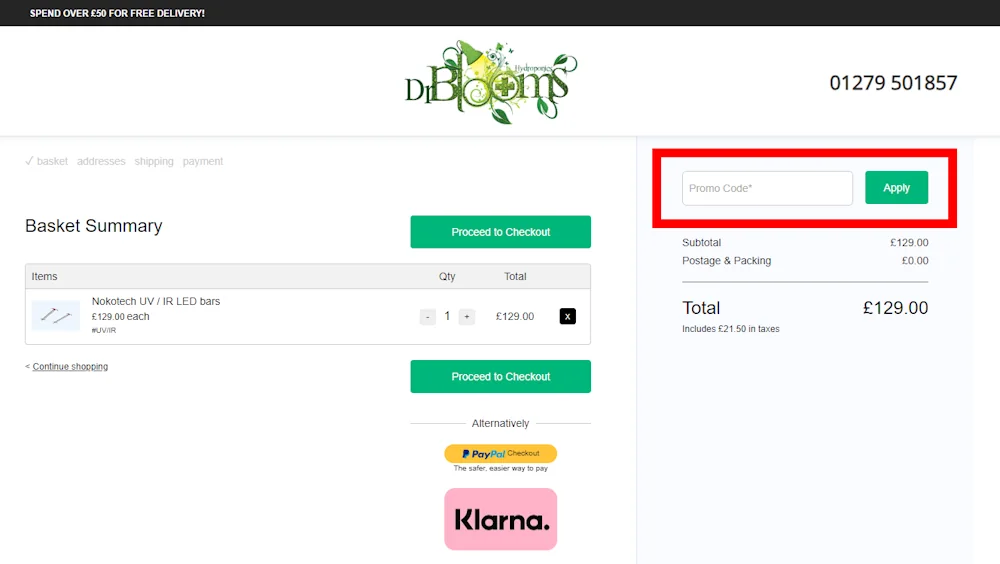 Instructions on where to enter our Doctor Blooms voucher code at checkout.