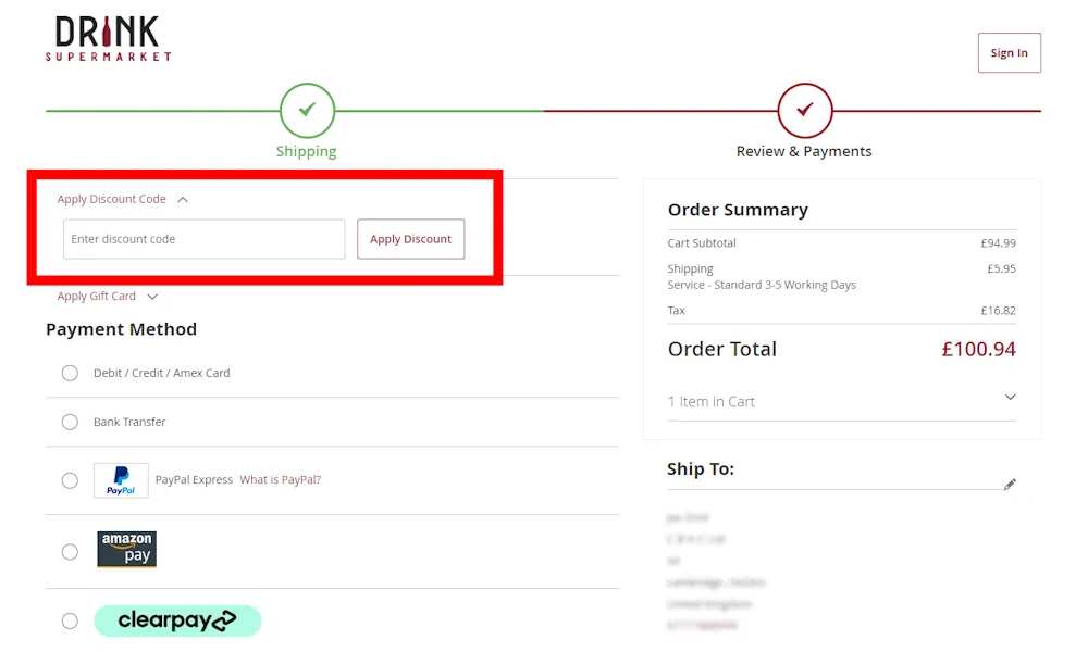 Screenshot showing where to apply a DrinkSupermarket promo code during checkout on www.drinksupermarket.com.