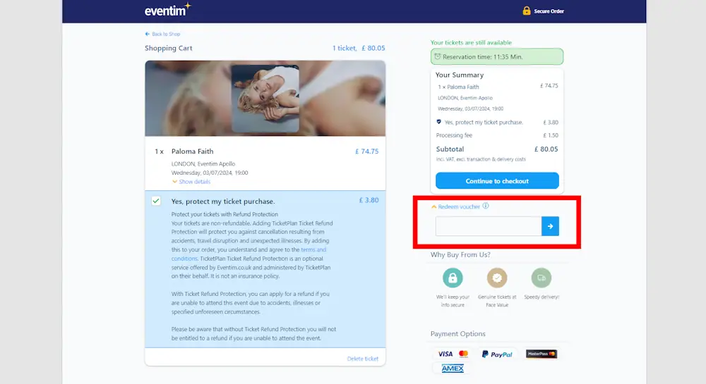 Verified instructions on how to enter our Eventim voucher code at checkout.