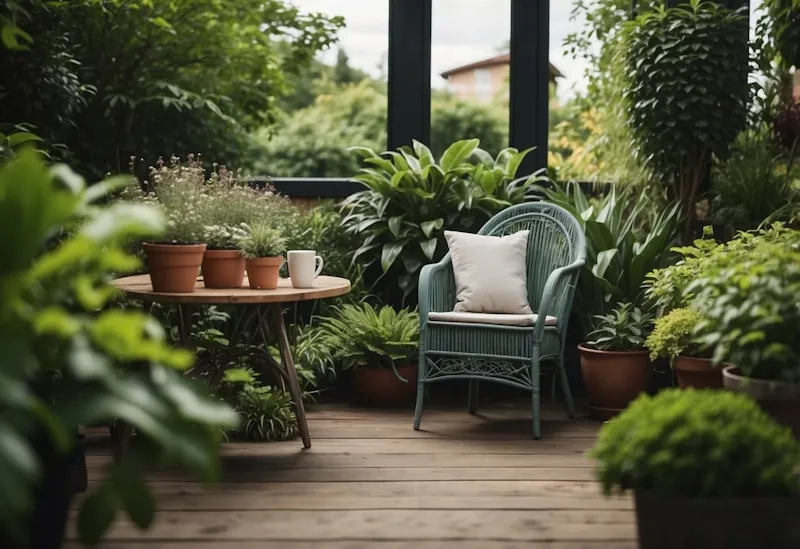 A table surrounded by lush green garden plants, with a cosy chair and a discount code displayed prominently on a sign