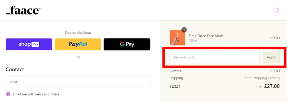 Instructions on how to enter our verified discount code for Faace at checkout on wearefaace.com.