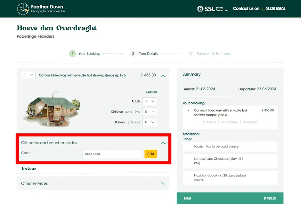 Screenshot showing where to apply a Feather Down discount code during checkout on www.featherdown.co.uk.