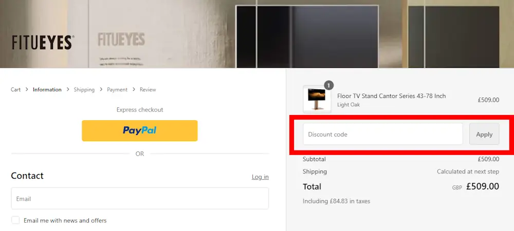 Screenshot showing where to apply a Fitueyes discount code during checkout on fitueyes.uk.