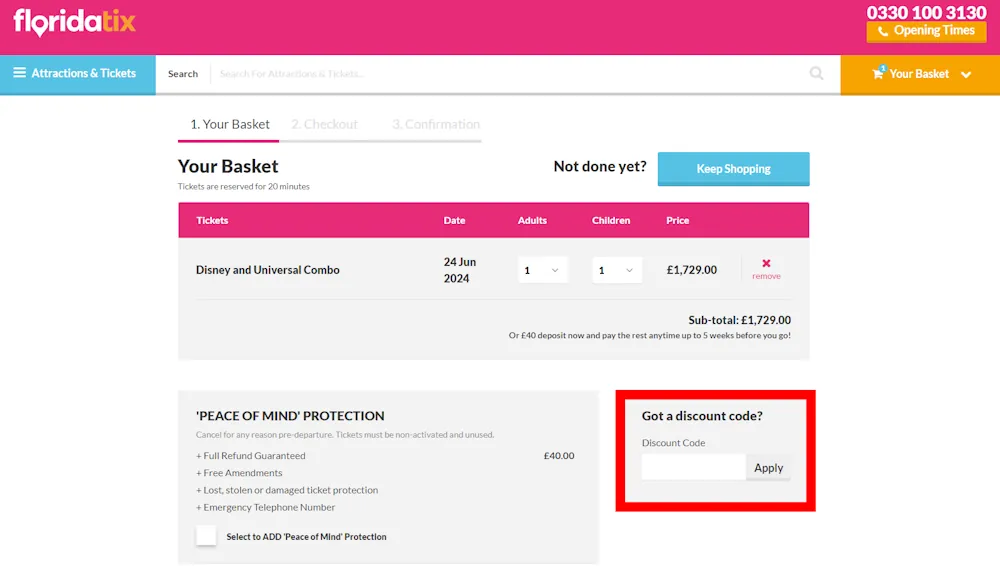 Screenshot showing where to apply a FloridaTix promo code during checkout on www.floridatix.com.