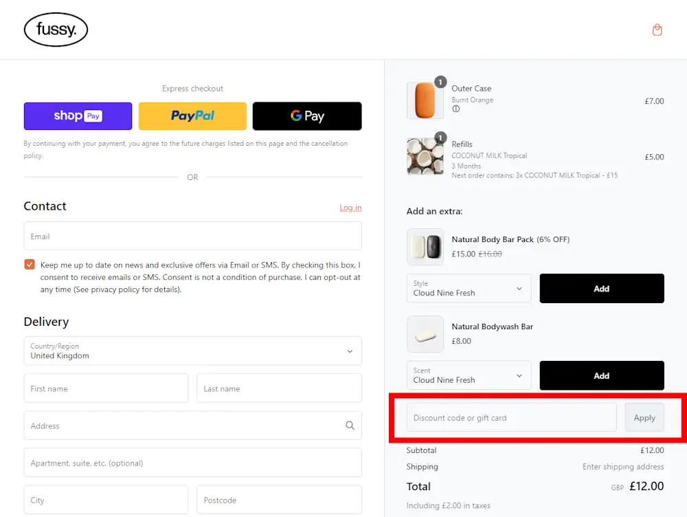 Screenshot where to enter your Fussy voucher on getfussy.com