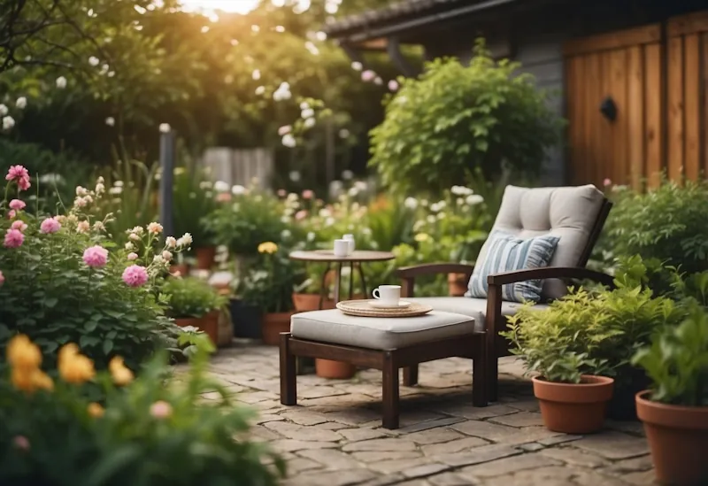 A lush garden with blooming flowers, a cosy outdoor seating area, and a discount code displayed prominently