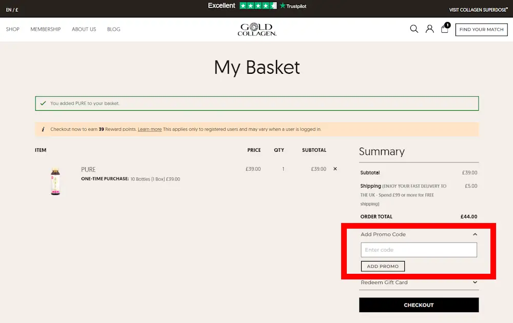 Instructions on how to enter our verified discount code for Gold Collagen at checkout on gold-collagen.com.