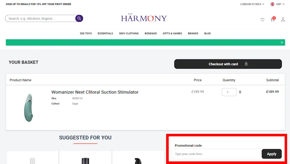Screenshot showing where to apply a Harmony promo code during checkout on www.harmonystore.co.uk.