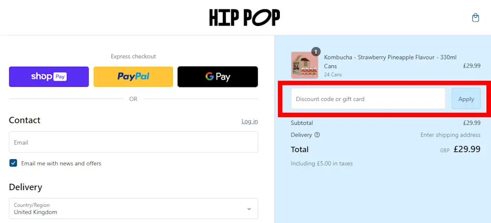 How to enter a Hip Pop discount code at checkout on https://drinkhippop.com/