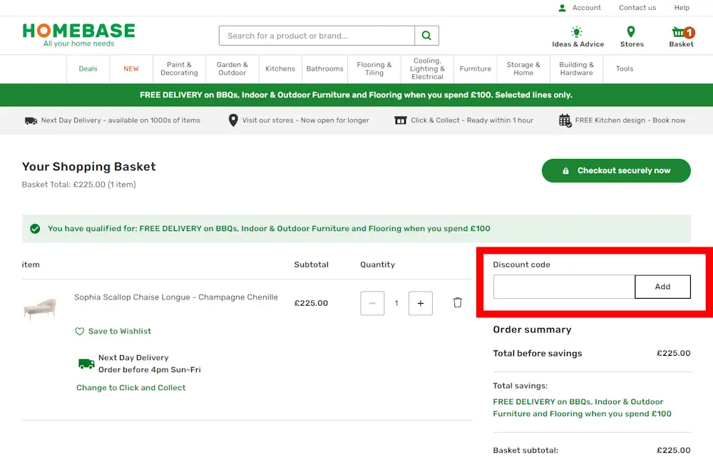How to enter a Homebase discount code at checkout on https://www.homebase.co.uk/