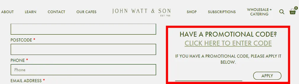 Instructions on how to use a John Watt and Son coupon code at checkout on johnwattcoffeeandtea.com