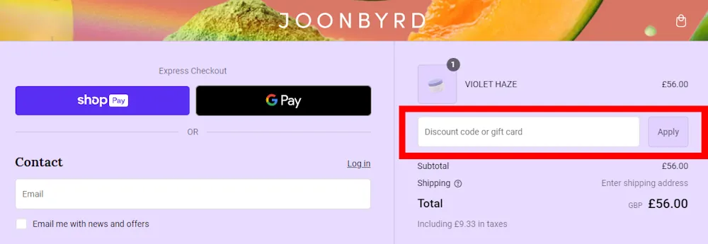 How to enter a Joonbyrd discount code at checkout on https://www.joonbyrd.com/