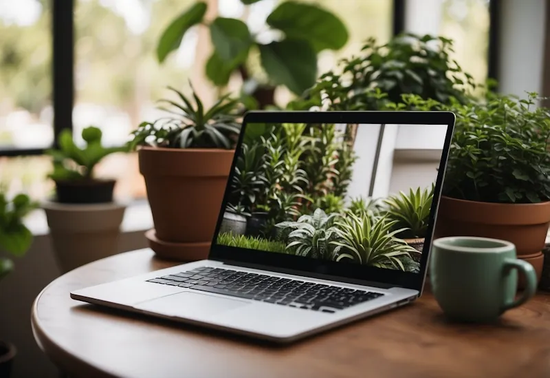 A cosy living room with a coupon code displayed on a laptop screen, surrounded by home and garden decor like potted plants and throw pillows