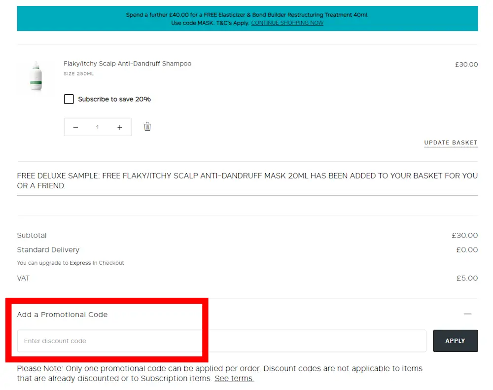 Screenshot showing where to enter a Philip Kingsley promo code in the checkout code box on philipkingsley.co.uk.