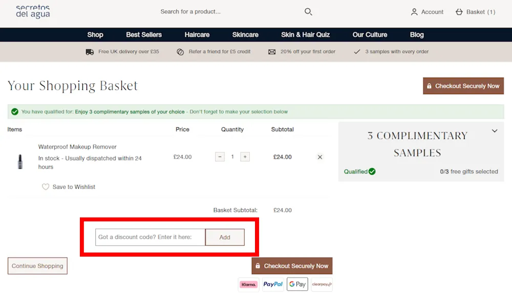 Screenshot showing where to apply a Secretos del Agua promo code during checkout on www.secretosdelagua.co.uk.
