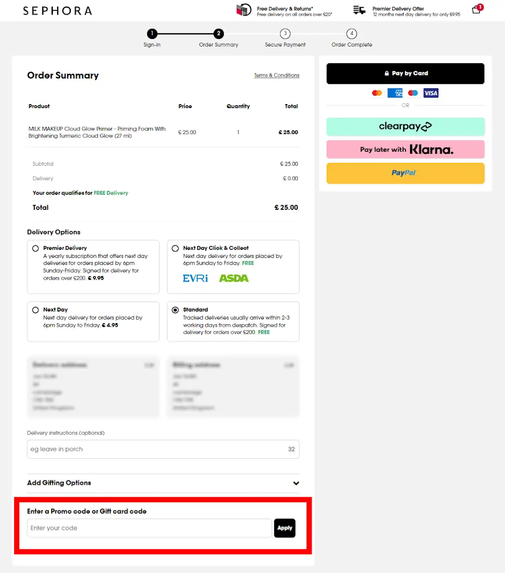 Instructions how to enter a discount code for Sephora on www.sephora.co.uk