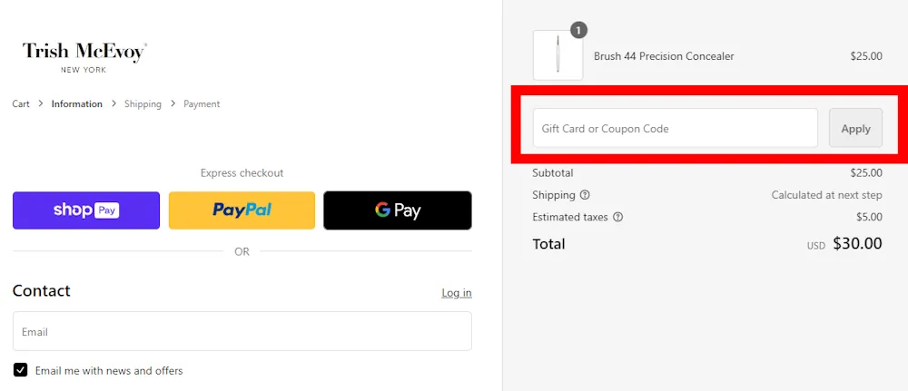 Instructions how to enter a verified discount code for Trish McEvoy on https://www.trishmcevoy.com/