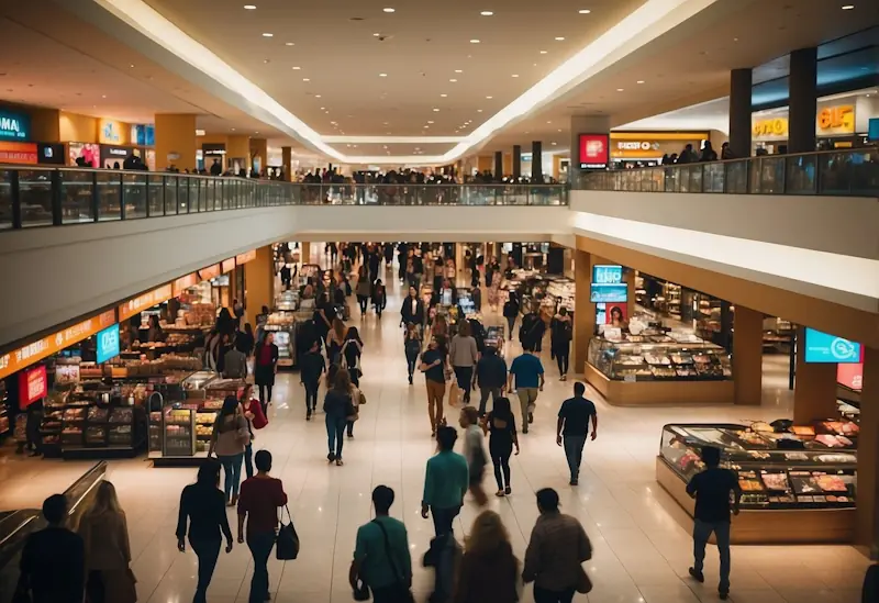 A crowded shopping mall with colourful sale signs, bustling shoppers, and long checkout lines. Shelves stocked with discounted items and excited customers searching for the best deals