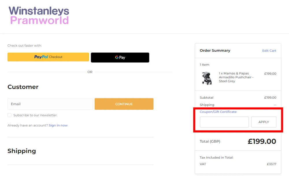Instructions how to enter a discount code for Winstanleys Pramworld on www.pramworld.co.uk