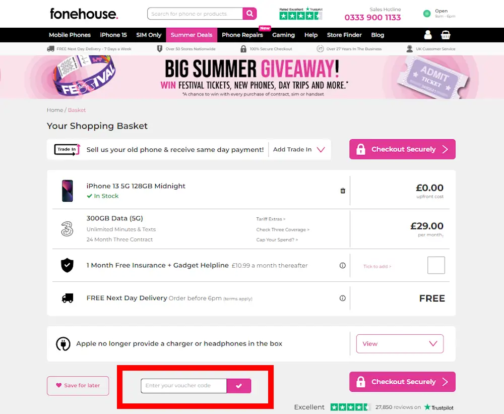 Screenshot of where to enter a fonehouse voucher code on www.fonehouse.co.uk
