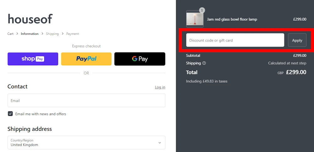 Screenshot showing where to apply a houseof promo code during checkout on www.houseof.com.