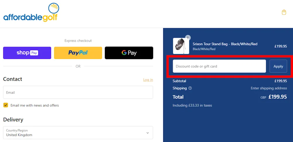 Screenshot of where to put an Affordable Golf voucher code on www.affordablegolf.co.uk