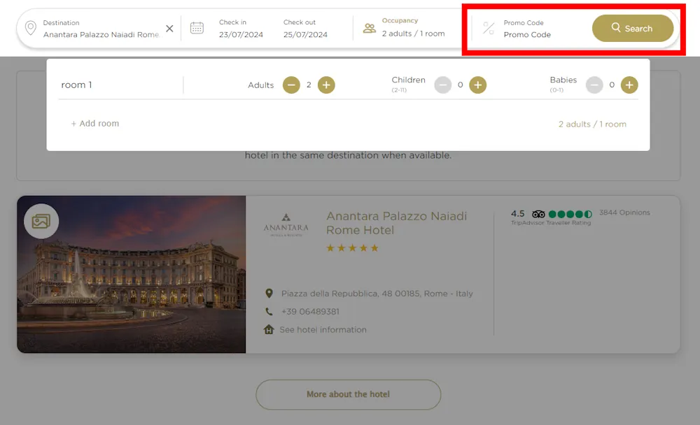 Screenshot showing where to apply a Anantara Hotels & Resorts promo code during checkout on www.anantara.com.