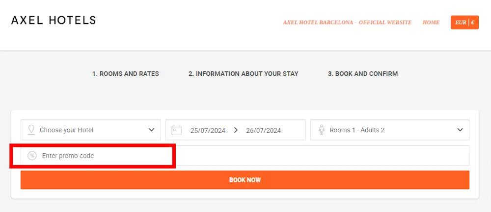 Instructions on how to enter a Axel Hotels discount code at checkout 